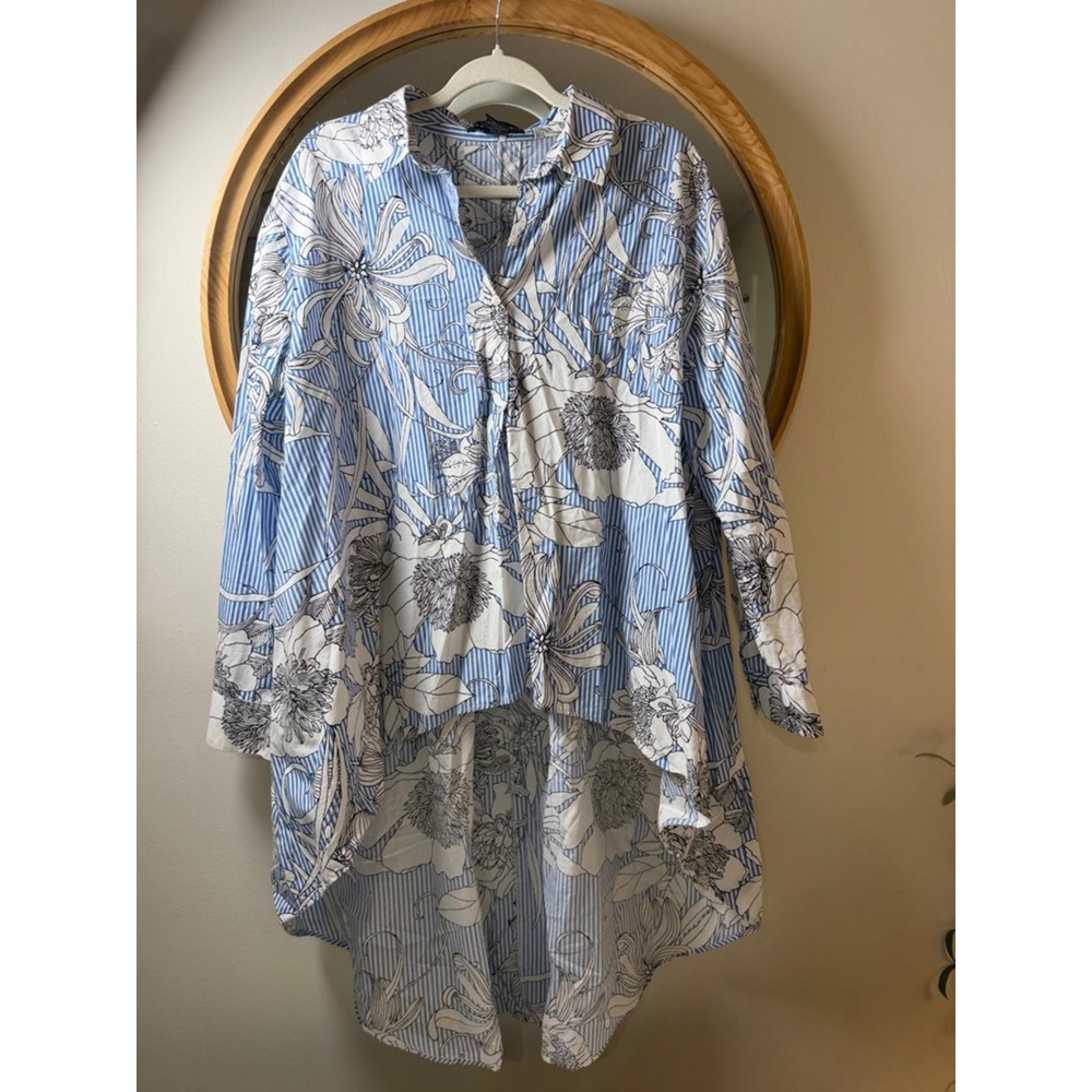 Grace Elements Tunic Blouse Women XL Blue Y2k Floral Stripe High Low Hem